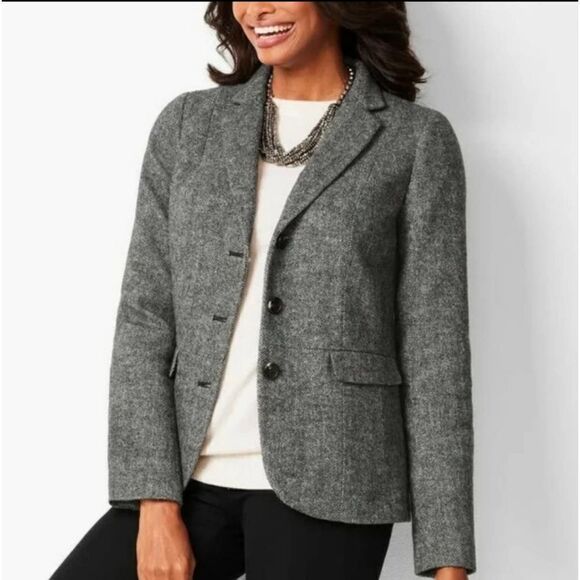 TALBOTS ABERDEEN SHETLAND WOOL  HERRINGBONE TAILORED BLAZER FAUX FUR TRIM SZ 8 - Picture 3 of 15